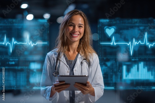 A smiling young female doctor in a white coat holding an iPad, looking professional and confident.