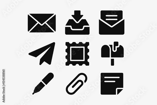 Mail and office communication icons including envelope, inbox, pen, stamp, and paperclip in solid bold design.