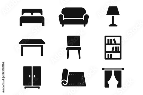 Furniture icon bundle with bed, sofa, chair, lamp, table, wardrobe, rug, curtain, and bookshelf in bold black style.