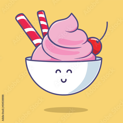 Cute ice cream vector in a bowl with cherry fruit topping
