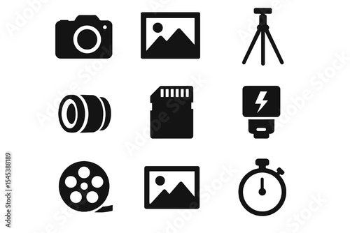 Photography icon set with camera, lens, tripod, flash, photo frame, film reel, and memory card in solid black vector style.