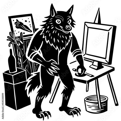 Werewolf artist in his studio isolated on white background