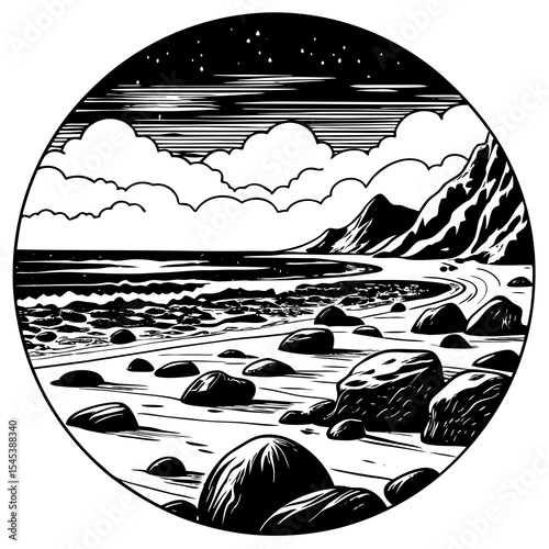 Rocky beach landscape with mountains and clouds