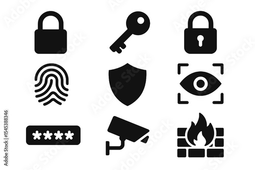 Security and privacy icon collection with shield, padlock, fingerprint, camera, firewall, and password in black solid vector.