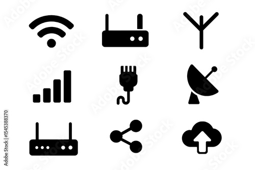Set of internet and connectivity icons featuring router, wifi signal, satellite dish, upload cloud, ethernet, and antenna.