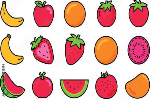 Delicious exotic fruits vector set colorful cartoon illustration