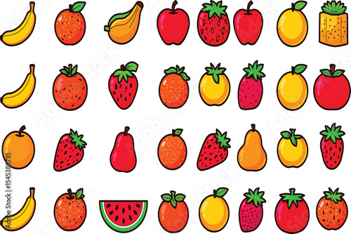 Delicious exotic fruits vector set colorful cartoon illustration