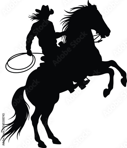  Silhouette of a Cowboy Riding a Rearing Horse with Lasso – Western Rodeo Icon