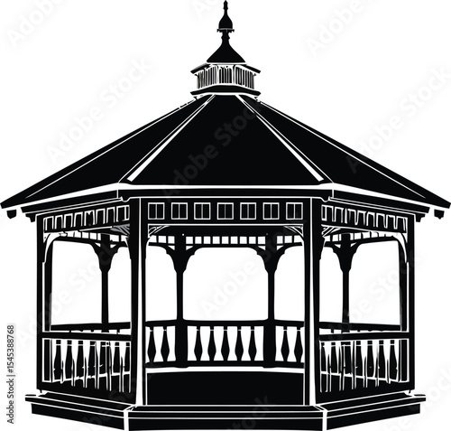 Octagonal Gazebo Garden Structure Black And White Illustration