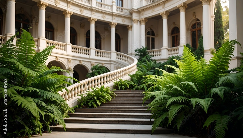 Fototapeta premium Curved Staircase with Lush Courtyard.