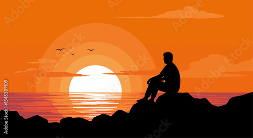 Man Sitting on Rocks at Sunset - Solitude and Contemplation by the Sea