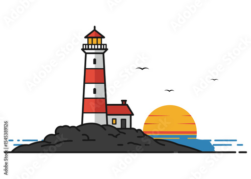 Striped Lighthouse with Cottage at Sunset/Sunrise - Coastal Flat Design