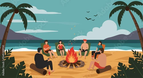 Group of Friends Around Beach Bonfire - Relaxed Evening Gathering