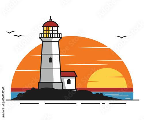 Lighthouse with Sunset and Ocean - Bold Flat Design Illustration