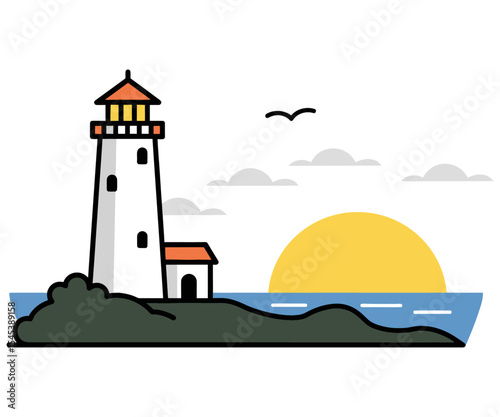 Minimalist Lighthouse with Sunset/Sunrise - Coastal Beacon Flat Design