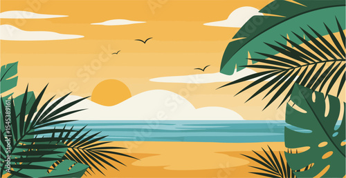 Tropical Beach Landscape with Palm Leaves at Sunrise/Sunset - Summer Vacation Background