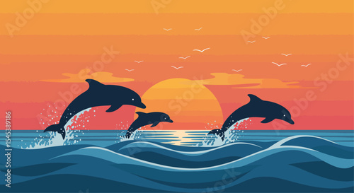 Playful Dolphins Jumping at Sunset - Ocean Wildlife Silhouette