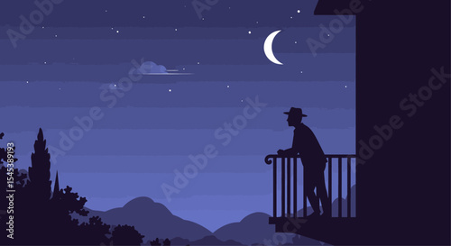 Man with Hat on Balcony at Night - Moonlit Serenity and Landscape View