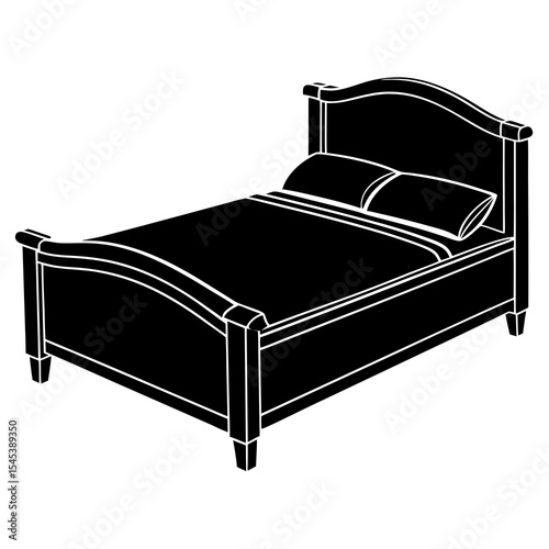A bed with pillows isolated on white background in black and white