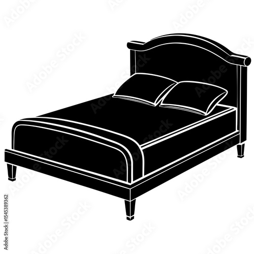 A bed with pillows isolated on white background in black and white