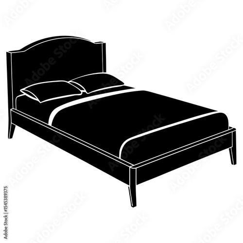 A bed with pillows isolated on white background in black and white