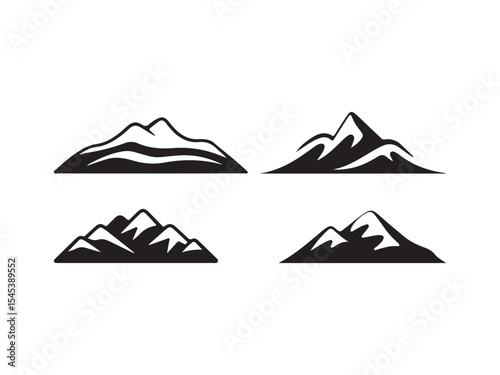 Black and white mountain range illustration set isolated on white background