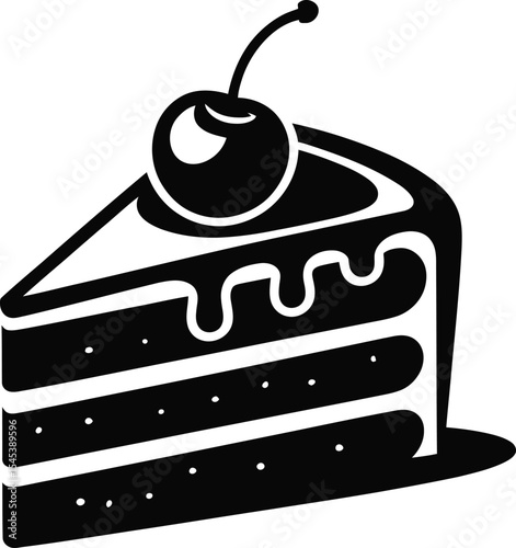 Black Silhouette of a Cake Slice with Cherry Vector Illustration