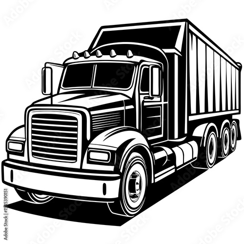 Semi truck with trailer isolated on white background in black and white