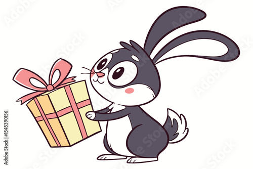 Cute cartoon bunny holds a yellow gift box tied with a light pink bow