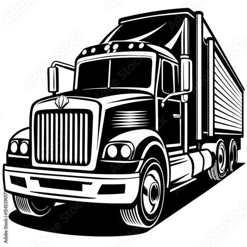 Black and white illustration of a semi truck with trailer