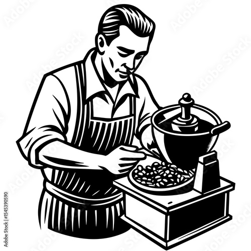 Man grinding coffee beans isolated on white background