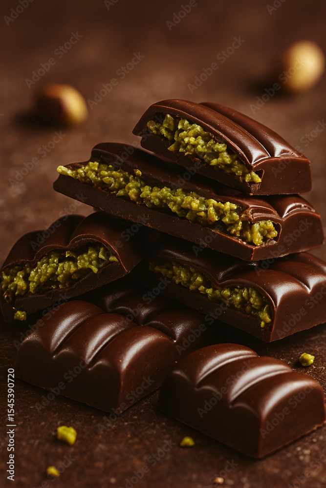Obraz premium Delicious Dark Chocolate Bars with Crunchy Pistachio Filling on Brown Background, Close-Up of Gourmet Dessert Sweets