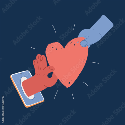 Cartoon vector illustration of a heart passing through a smartphone screen, symbolizing digital dependency, emotional distance, and searching for real connection