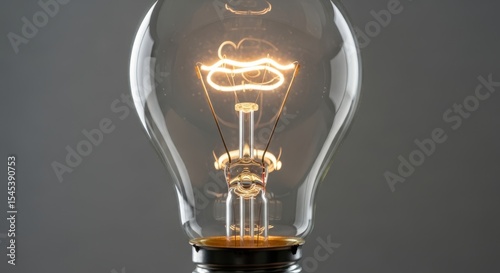 A close-up shot of a lit incandescent light bulb, showcasing its glowing filament against a gray background.