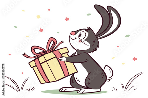 Joyful bunny gracefully carries a charming gift box amidst celebratory confetti floating around the character