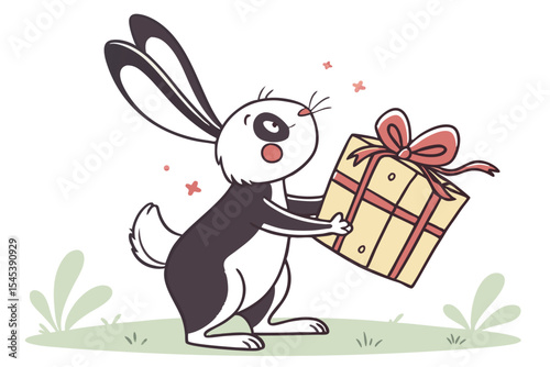 Cute cartoon bunny holds a gift with ribbon and bow on a grassy ground