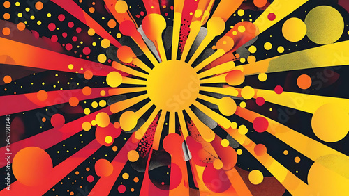 Abstract sunburst design featuring bold yellow orange and red colors with transparency