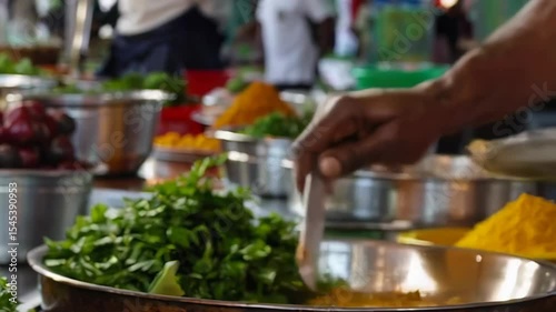 Skilled street vendor blending vibrant turmeric and fresh coriander at traditional outdoor market in India, highlighting local culinary techniques