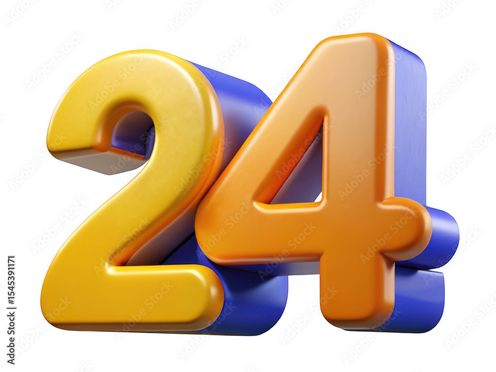 Obraz premium 3d render of number 24 yellow orange blue isolated on transparent background