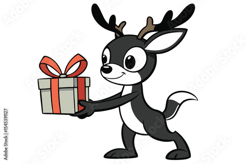 Happy cartoon reindeer holds a present box with a red ribbon, and is quite cheerful