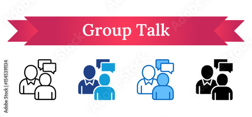Group Talk Multi Style Icon - Three people communicating with speech bubbles above, representing collaborative discussion or shared opinions
