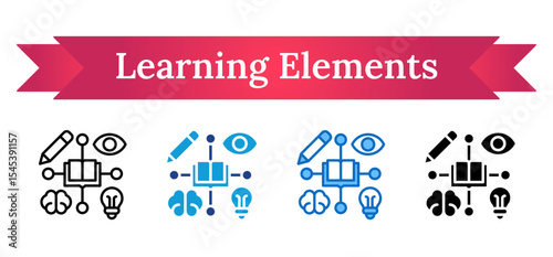 Learning Elements Multi Style Icon - Grid of book, brain, light bulb, pencil and eye, depicting various modes of learning