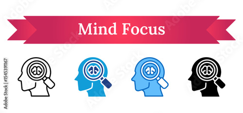 Mind Focus Multi Style Icon - Human head with magnifier focusing on brain, indicating concentration or cognitive analysis