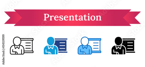 Presentation Multi Style Icon - Person giving a presentation in front of a board, showing charts or visual data in a formal setting