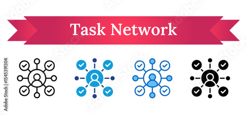 Task Network Multi Style Icon - A central figure connected to multiple checkmarks, showing completed assignments or task coordination