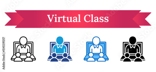 Virtual Class Multi Style Icon - Person on laptop with two viewers, indicating online session, webinar, or digital training
