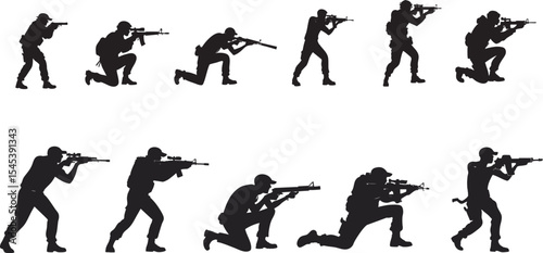 Silhouettes of Armed Men in Shooting Poses – Vector Gunman Illustration Set Isolated on White background
