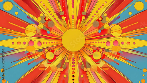 Vibrant abstract sunburst illustration with bold colors and geometric elements