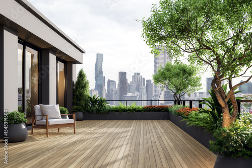 Modern contemporary green garden terrace with city view background 3d render there are wooden floor decorated with fabric chair