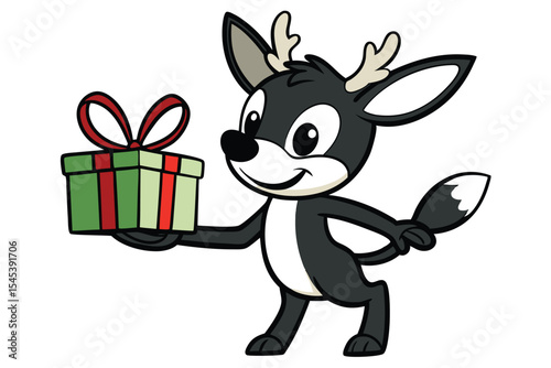 Cartoonish reindeer smiling presents a green gift box tied with red ribbon politely